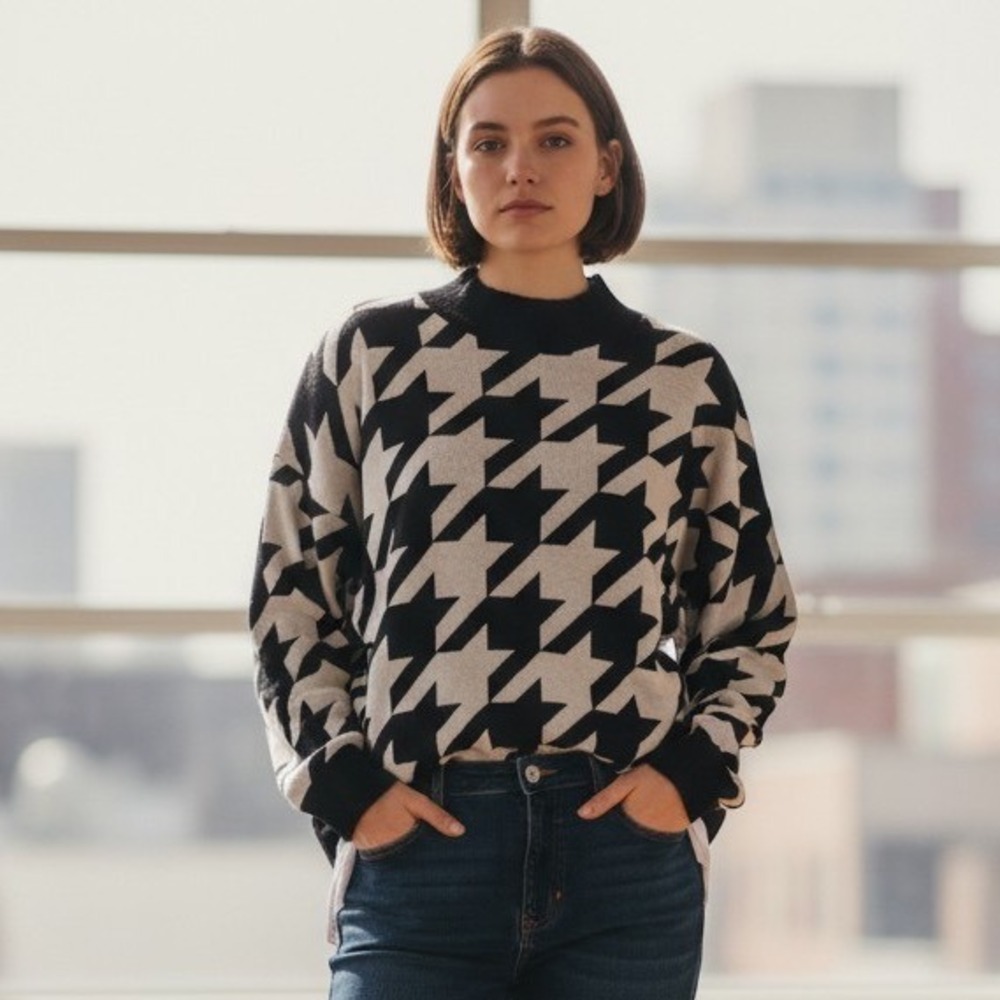 Eloquii Elements Sweater Wms 22/24 Black White Houndstooth Oversized Modern Knit